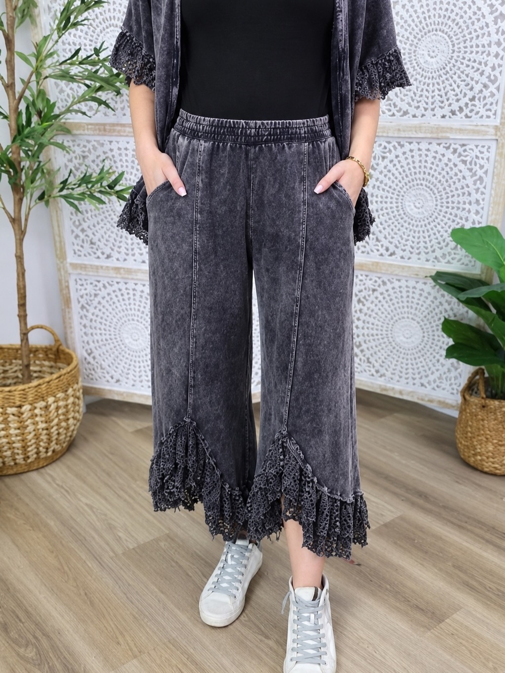 J.Her Boho Black Acid Wash Lace Trim Wide Leg Pants Palazzo Cropped Casual Chic